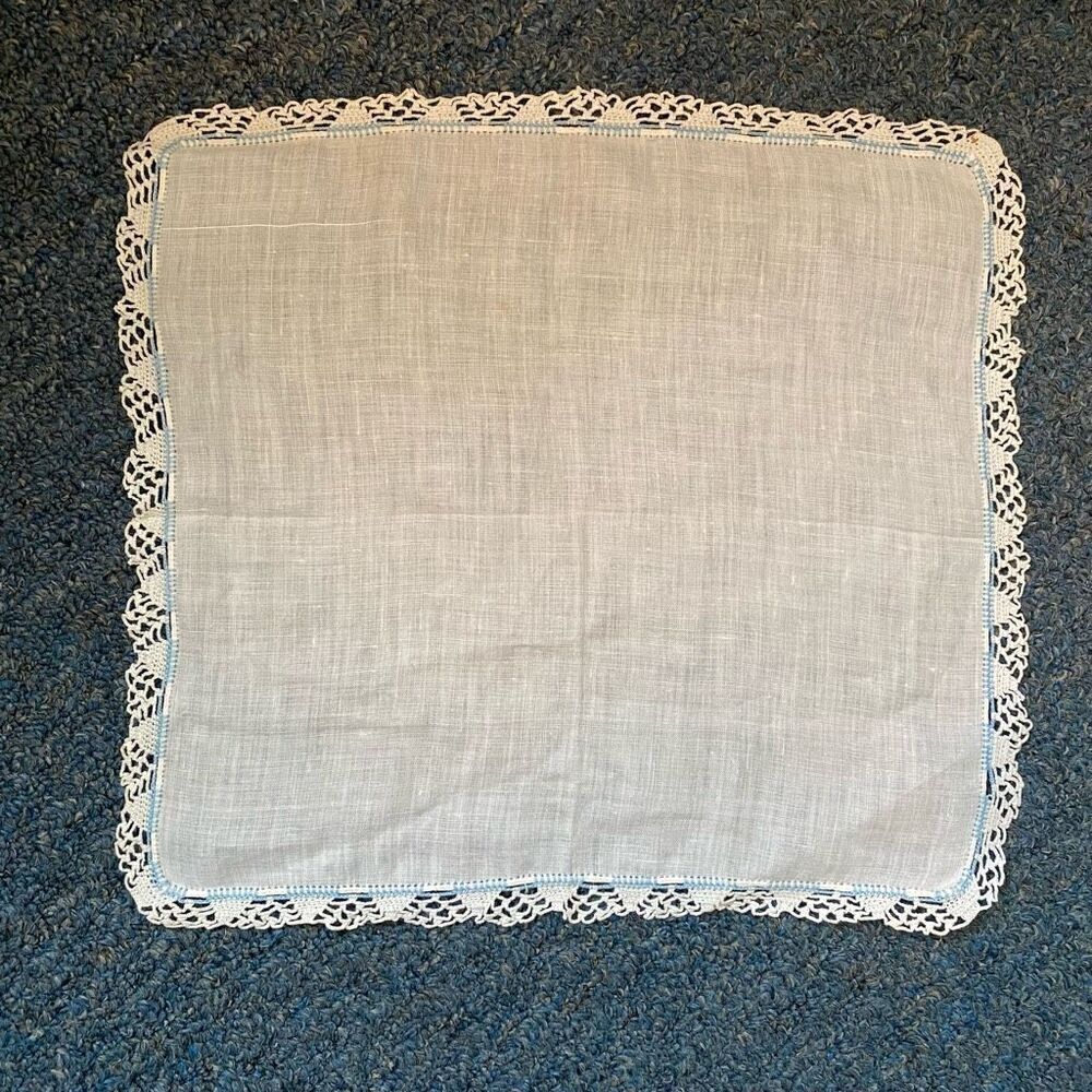 Vintage handkerchief with lace edging white & blue  12”x11”
